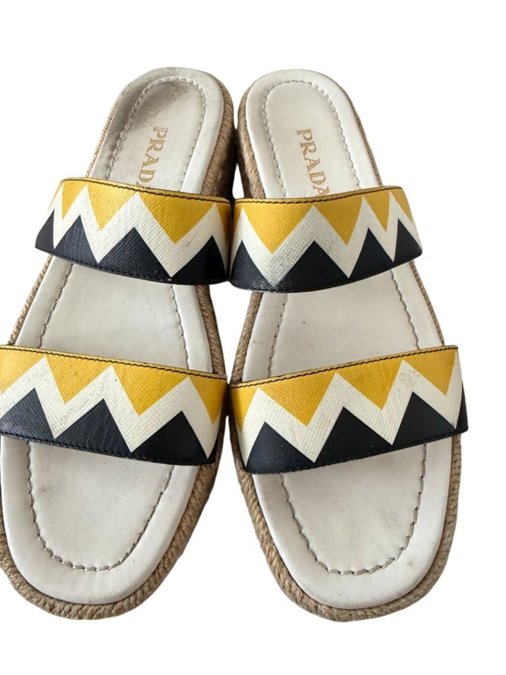 PRADA Zig Zag Beige Yellow Leather Platform Espadrilles Sandals Sz 37.5 / US 7.5 - Picture 8 of 9